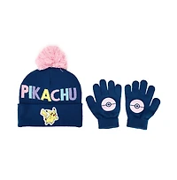 Pokemon Girls Pikachu Navy Knit Cuff Pom Beanie and Glove Set