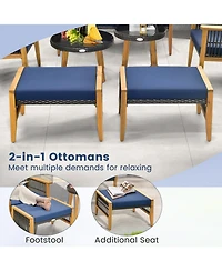 Gymax 5PCS Acacia Wood Wicker Woven Furniture Set w/ Coffee Table and 2 Ottomans Patio