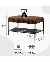Rainsken 30.7" Wide Upholstered Ottoman, Faux Fur Footstool with Wooden Open Storage Shelf and Black Metal Legs for Living Room