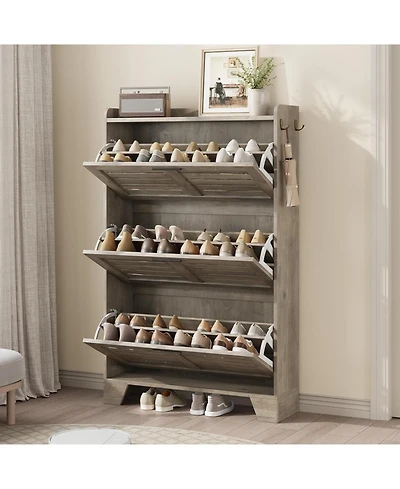 Homfan Shoe Cabinet Storage for Entryway, Narrow with 3 Flip Drawers, Freestanding Hidden Slim Organizer Hooks