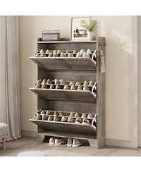 Homfan Shoe Cabinet Storage for Entryway, Narrow with 3 Flip Drawers, Freestanding Hidden Slim Organizer Hooks