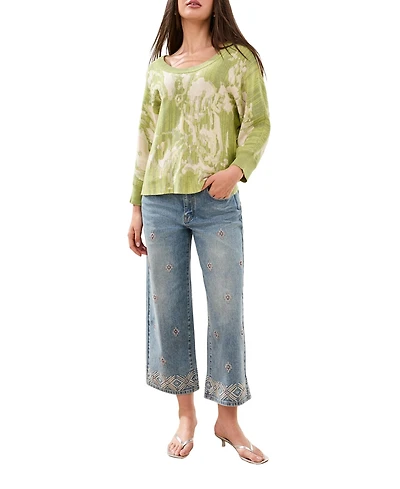 Tribal Women's U-Neck Jacquard Three-Quarter-Sleeve Sweater