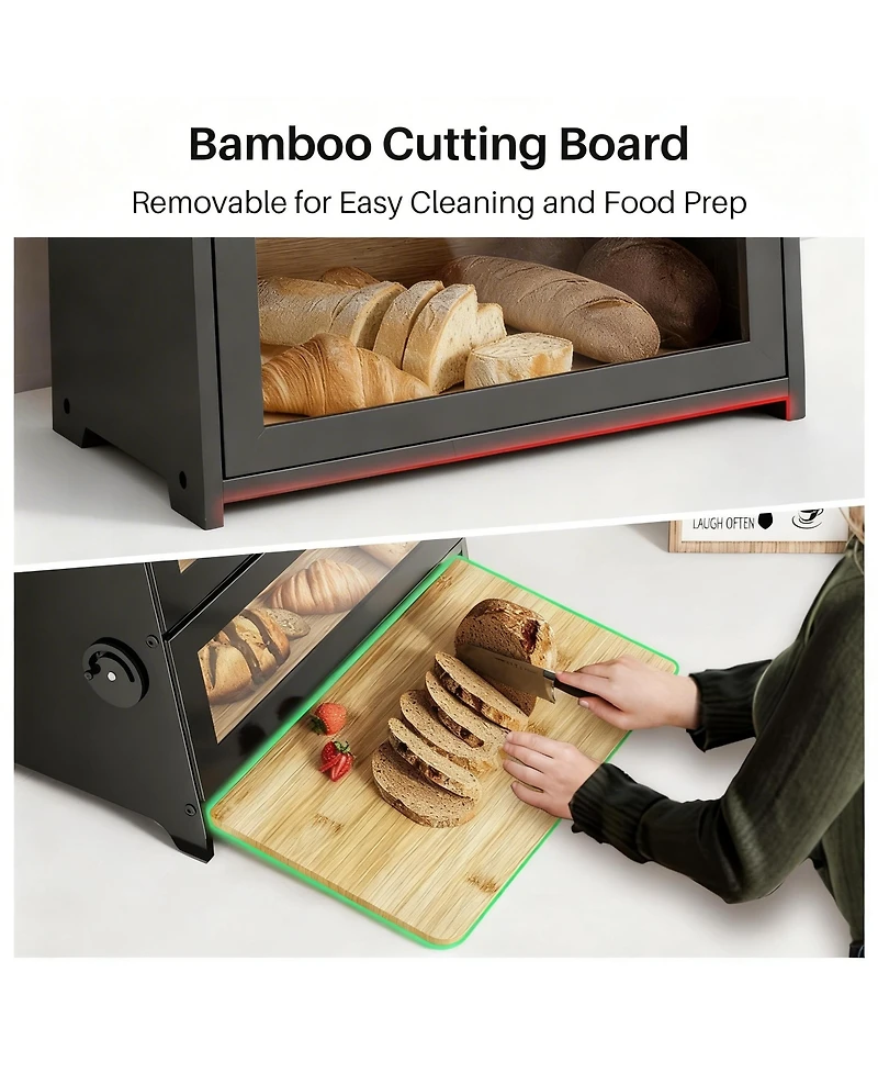 Yigii Bread Box 2-Tier Bamboo Storage Cutting Board Adjustable Vent