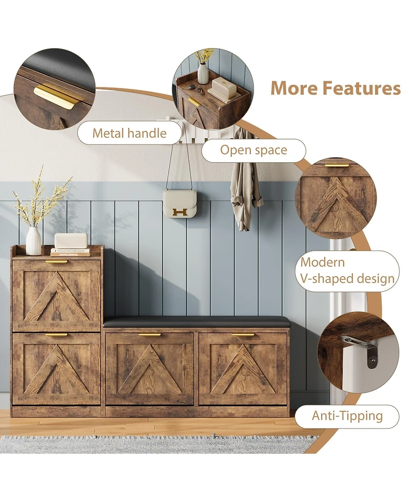 Homfan Farmhouse Entryway Shoe Cabinet with Bench and 4 Flip Drawers, Comfort Cushioned Shoe Storage Bench, Freestanding Shoe Organizer