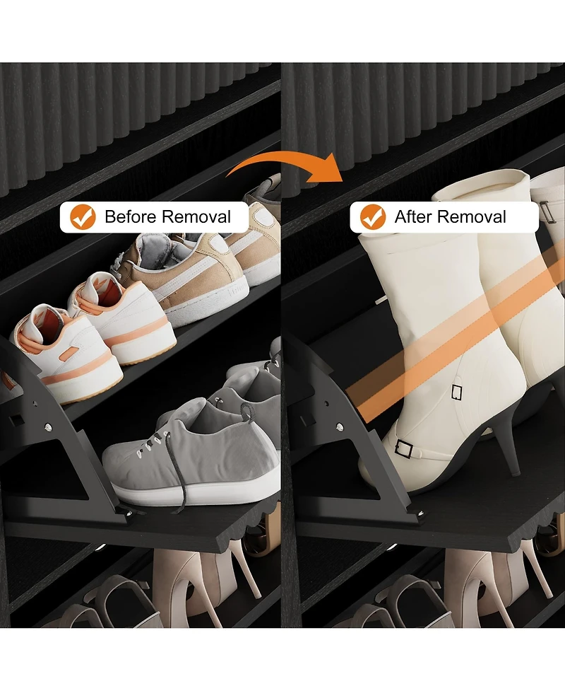 Homfan Fluted Shoe Storage Cabinet with 2 Flip Drawers and Top Drawer, 42" Tall Narrow Organizer, Curved Profile Design