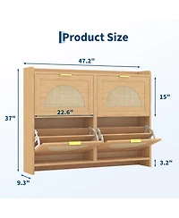 Homfan Rattan Shoe Storage Cabinet with 4 Flip Drawers, Free Standing Wooden Shoe Storage Organizer Cabinet with Adjustable Shelves