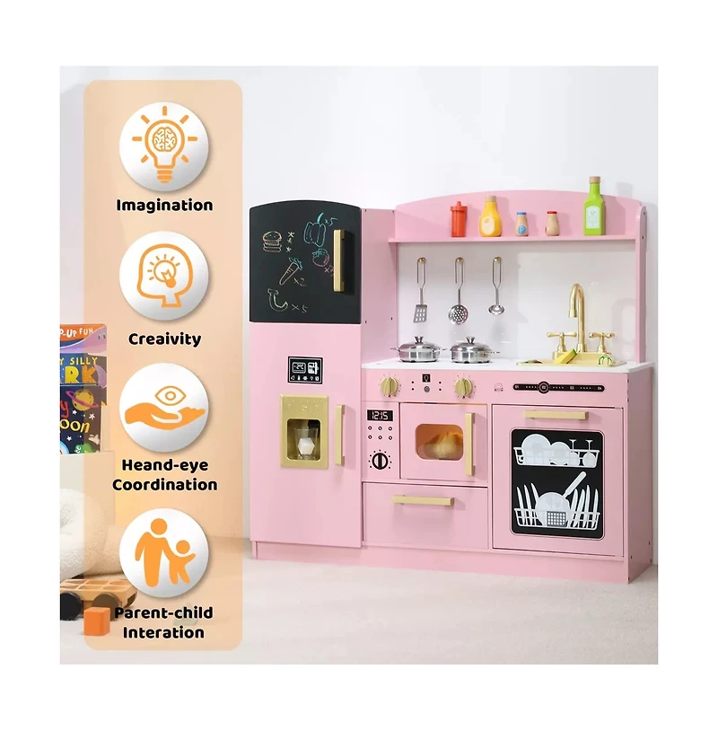 Kinder King Wooden Pretend Play Kids Kitchen, Toy Kitchen Playset w/Oven, Microwave for Boys Girls Age 3