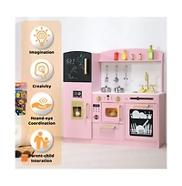 Kinder King Wooden Pretend Play Kids Kitchen, Toy Kitchen Playset w/Oven, Microwave for Boys Girls Age 3