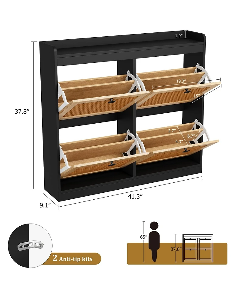 Homfan 2Pcs Shoe Cabinet Rattan with 4 Flip Drawers, Wooden Freestanding Shoe Organizer with Adjustable Shelves, Shoe Storage for Entryway