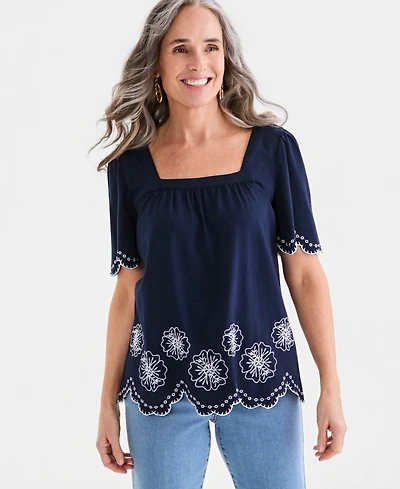 Style & Co Women's Embroidered Scalloped Knit Top, Macy's Exclusive