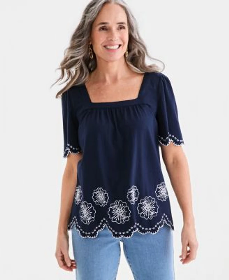 Style Co Womens Embroidered Scalloped Knit Top Macys Exclusive