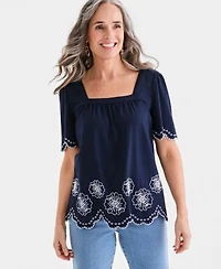 Style Co Womens Embroidered Scalloped Knit Top Macys Exclusive
