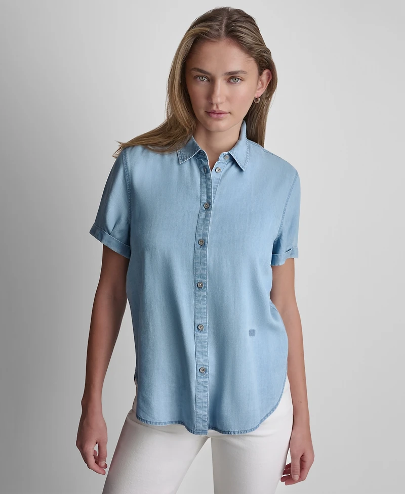Dkny Jeans Petite Rolled Short-Sleeve Button-Up Shirt