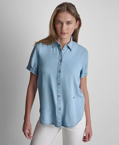 Dkny Jeans Petite Rolled Short-Sleeve Button-Up Shirt