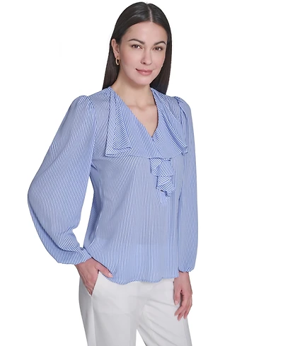 Tommy Hilfiger Women's V-Neck Striped Ruffle Blouse