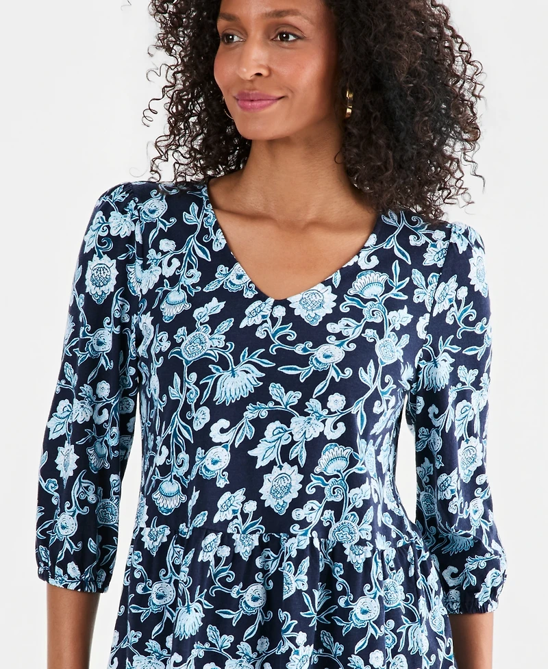 Style & Co Women's Printed 3/4-Sleeve V-Neck Peplum Top, Macy's Exclusive