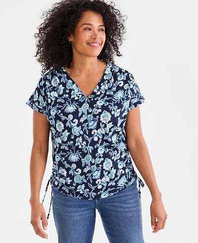 Style & Co Petite Ruched Tie Fresh Paisley Print V-Neck Top, Macy's Exclusive