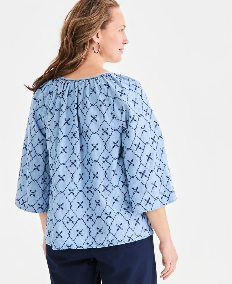 Style & Co Women's Chambray Split-Neck Embroidery Top, Macy's Exclusive