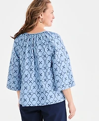Style & Co Women's Chambray Split-Neck Embroidery Top, Macy's Exclusive