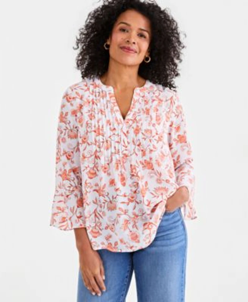 Style Co Womens Printed Pintuck Ruffle Sleeve Top Macys Exclusive