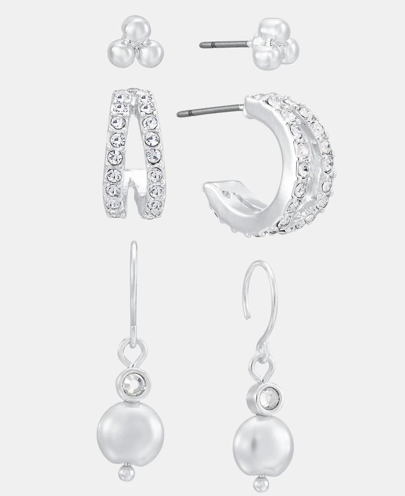 Anne Klein Silver-Tone Stud, Hoop and Drop Earrings, Set of 3