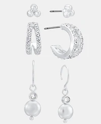 Anne Klein Silver-Tone Stud, Hoop and Drop Earrings, Set of 3