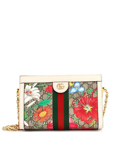 Pre-Owned Gucci Small Ophidia Chain Shoulder Bag Flora Gg Coated Canvas