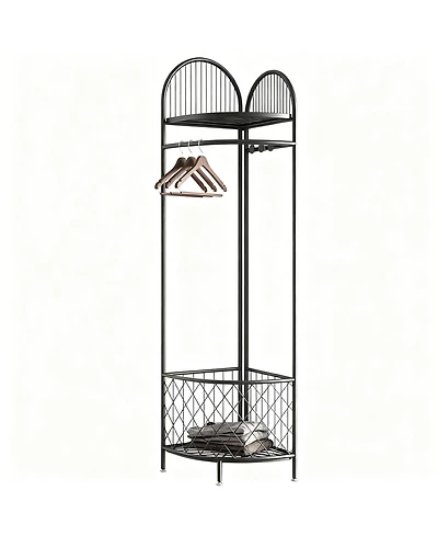 Yigii Space-saving Metal Corner Coat Rack with Hooks and Basket
