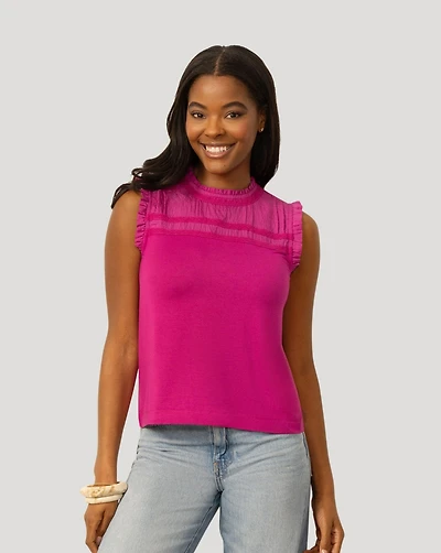 Cable & Gauge Women's Mixed Media Ruffle Sleeve Top