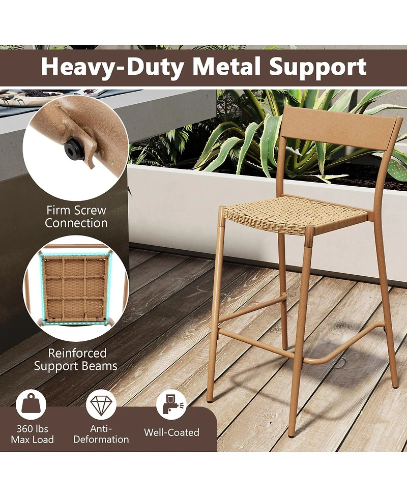 Sugift Patio Bar Stools Set of Two with Rattan Seat and Metal Back