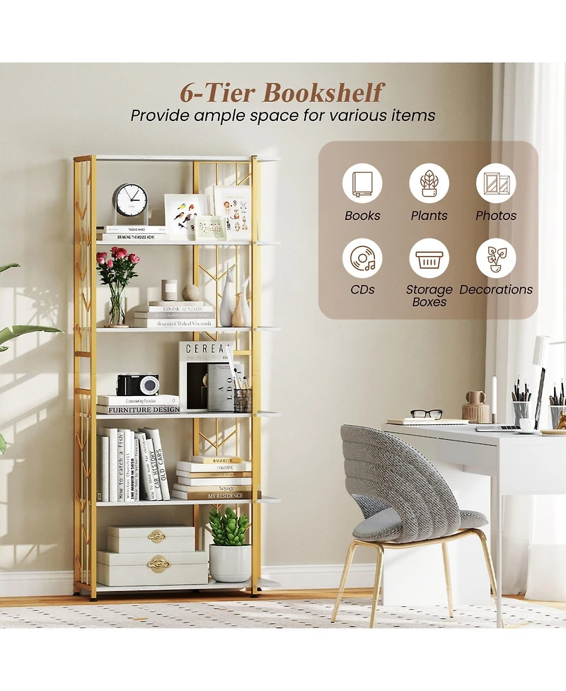 Slickblue 6-Tier Bookshelf Modern Geometric Bookcase with Heavy-duty Metal Frame and Anti-tipping