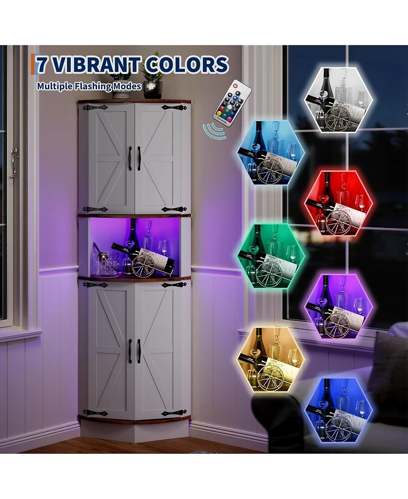 gaomon 64.6" Farmhouse Corner Cabinet with Led Light, Tall Bathroom 4 Barn Doors and 5 Tier Shelves, Freestanding Bar