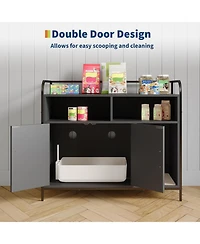 gaomon Cat Litter Box Enclosure - Hidden Litter Box Furniture with 2 Open Compartments, Scratching Mat, Double-Door Storage Cabinet