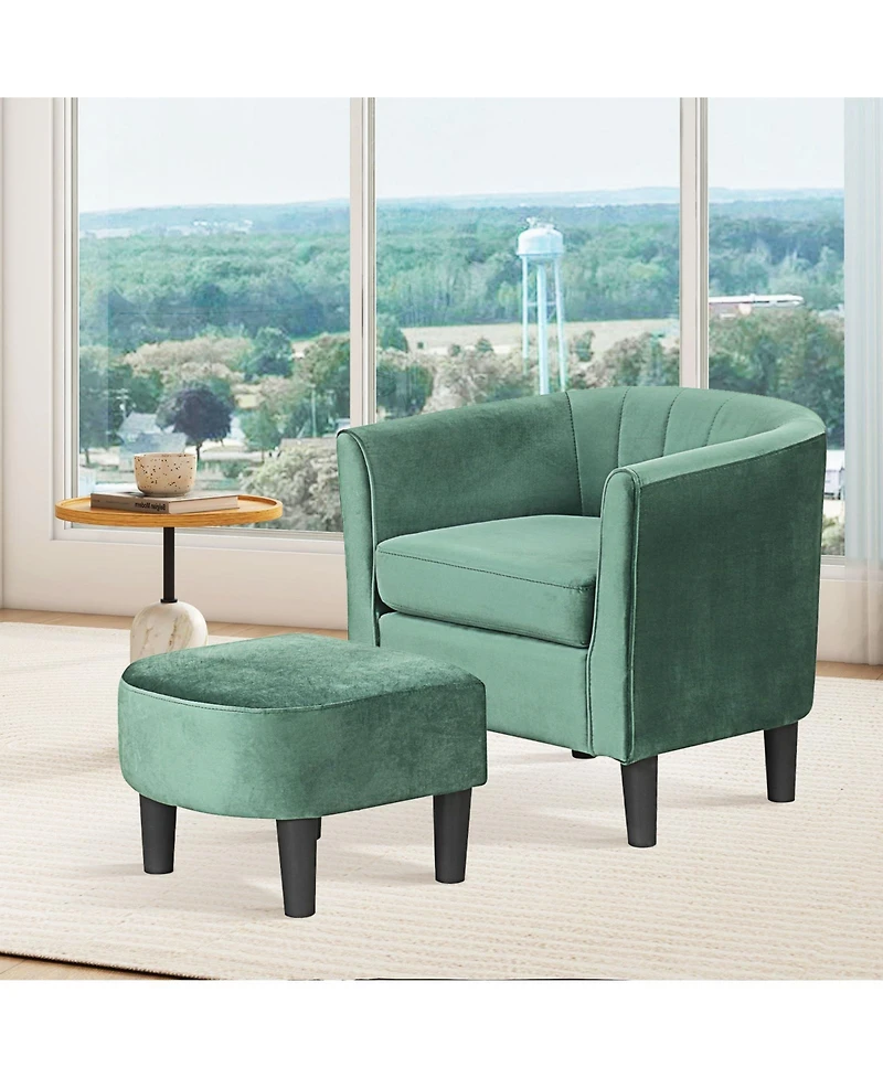 Sugift Upholstered Velvet Barrel Chair with Ottoman Footrest