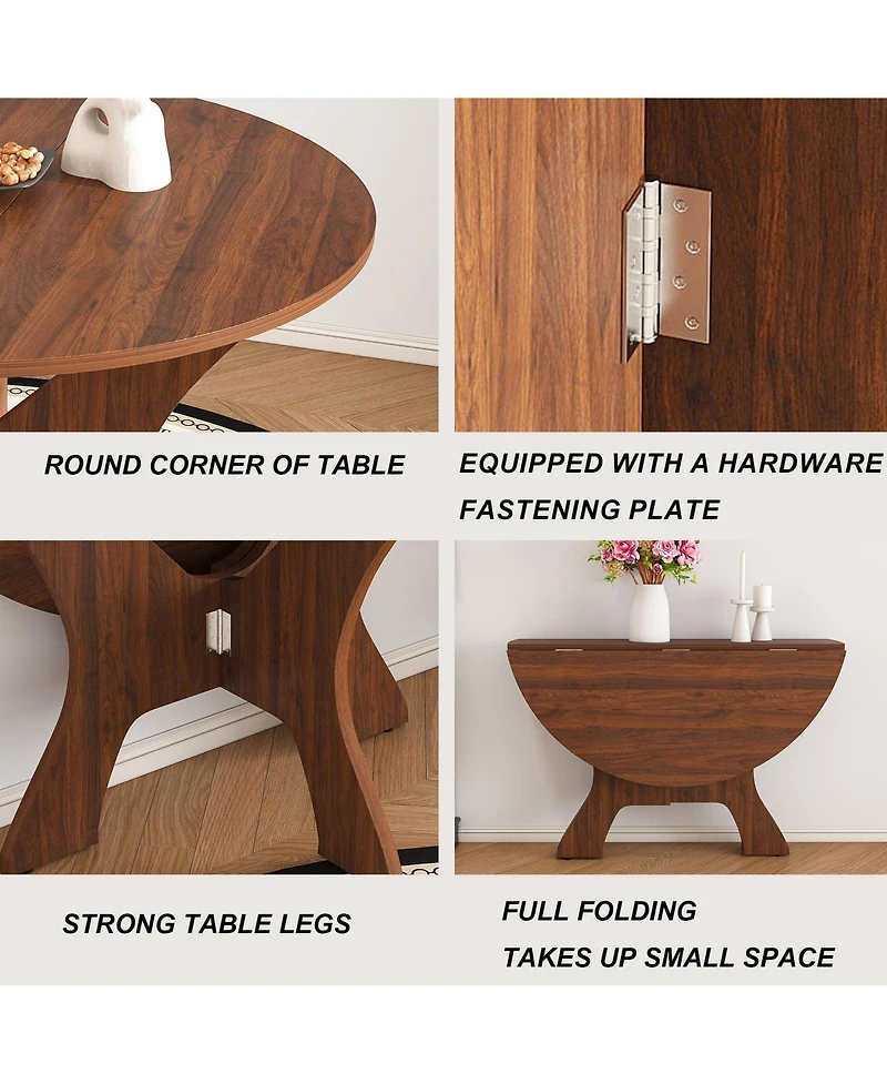 Rainsken Folding Dining Table, Round Mdf Drop Leaf Table for 2–4 People, for Kitchen, Balcony