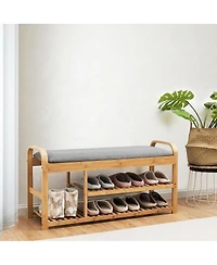 Sugift Bamboo Shoe Rack Bench with Cushion and Tiered Storage