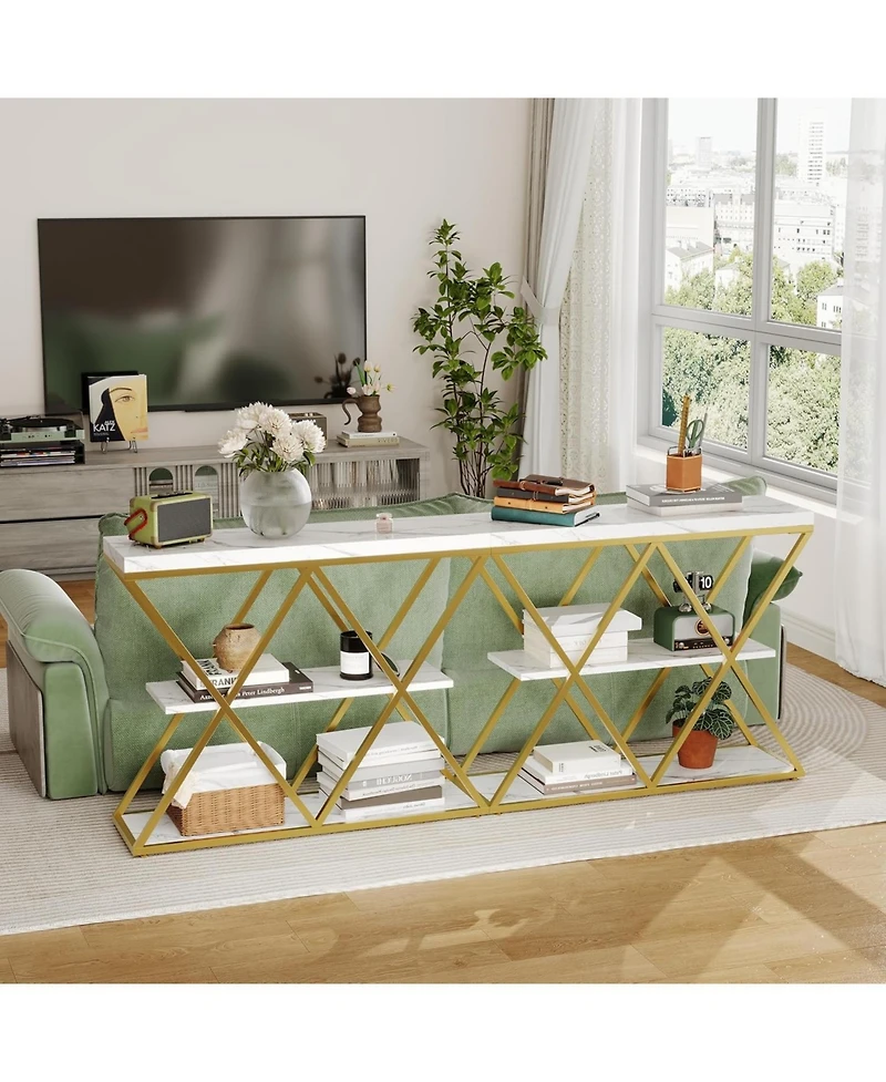 gaomon Industrial 3-Tier Console Table with Open Storage, X-Frame Metal, Narrow Sofa Table