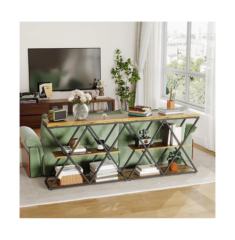 gaomon Industrial 3-Tier Entryway Table, Double X Metal Frames, 2 Storage Shelves, Rustic Wood, Living Room or Hallway