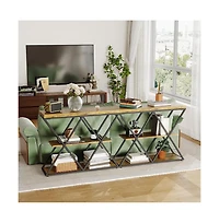 gaomon Industrial 3-Tier Entryway Table, Double X Metal Frames, 2 Storage Shelves, Rustic Wood, Living Room or Hallway