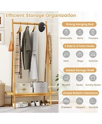 Sugift Bamboo Clothes Rack with Hanging Rod Shelf and Hooks