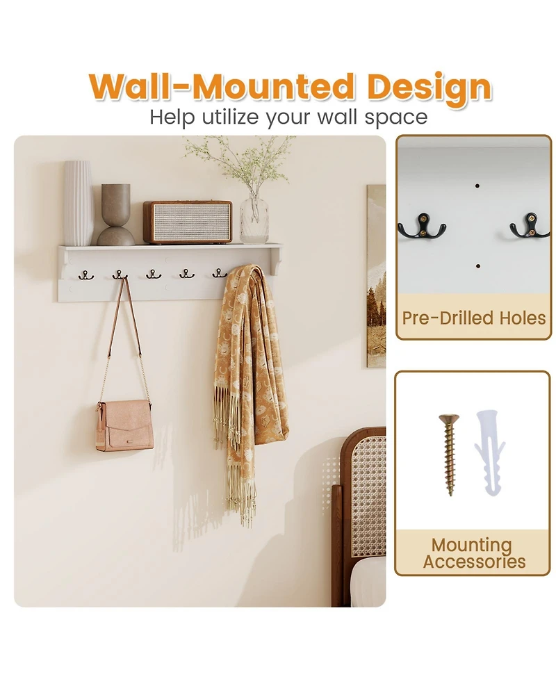 Sugift Wall Mounted Wooden Coat Rack with Shelf and Six Hooks