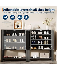 Homfan Rattan Shoe Cabinet for Entryway, 5-Tier Farmhouse Organizer Rack Narrow Storage with 2 Doors and Open Shelf Foyer Hallway