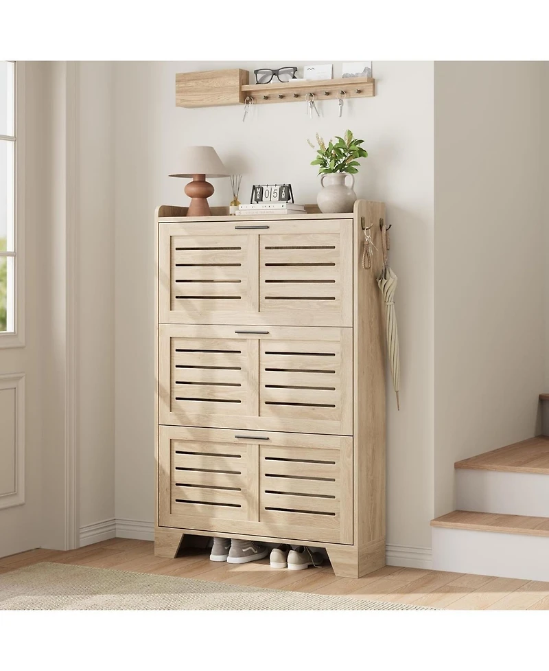 gaomon Freestanding Shoe Storage Cabinet with 3 Flip Drawers and Side Hooks