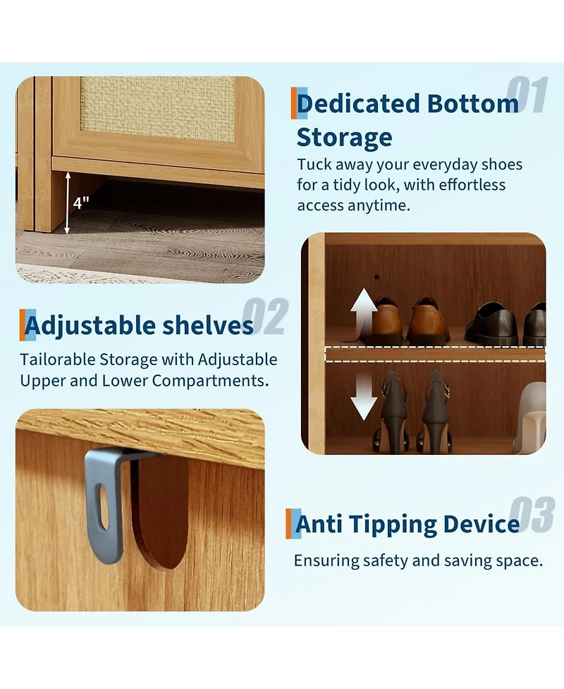 gaomon Freestanding Wooden Rattan Shoe Cabinet with Adjustable Shelves and Guardrail Top
