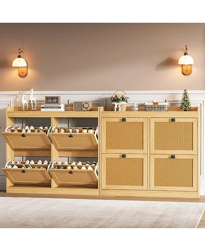 Homfan Wooden Rattan Shoe Cabinet with 4 Flip Drawers and Adjustable Shelves