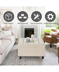 Rainsken Square Storage Ottoman - Upholstered Button Tufted, wooden legs and Nail Trims for Living Room, Bedroom