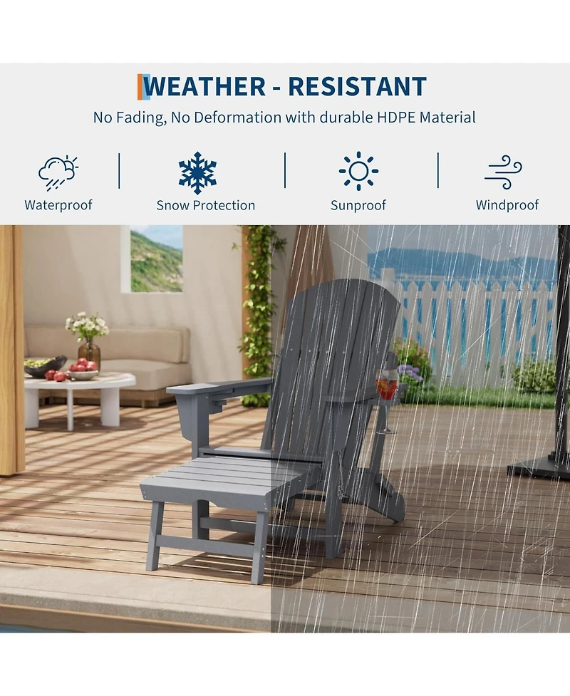 gaomon Folding Adirondack Rocking Chair with Retractable Ottoman and Cup Holders, Hdpe All-Weather Outdoor Chair for Porch