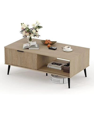 gaomon 41.34" Rectangular Coffee Table, 2-Tier Farmhouse Center Table with Sliding Door, Storage for Living Room, Bedroom