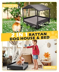 Ltmate Hand-Woven Rattan 2-in-1 Pet House & Elevated Bed with Removable Covers