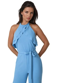 Bebe Women's Scuba Crepe Ruffled Halter Jumpsuit